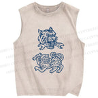 Unisex Simple Tiger Drawing Printed Washed Tank Top