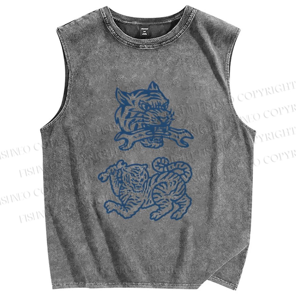 Unisex Simple Tiger Drawing Printed Washed Tank Top