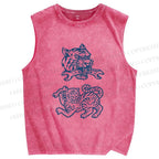 Unisex Simple Tiger Drawing Printed Washed Tank Top