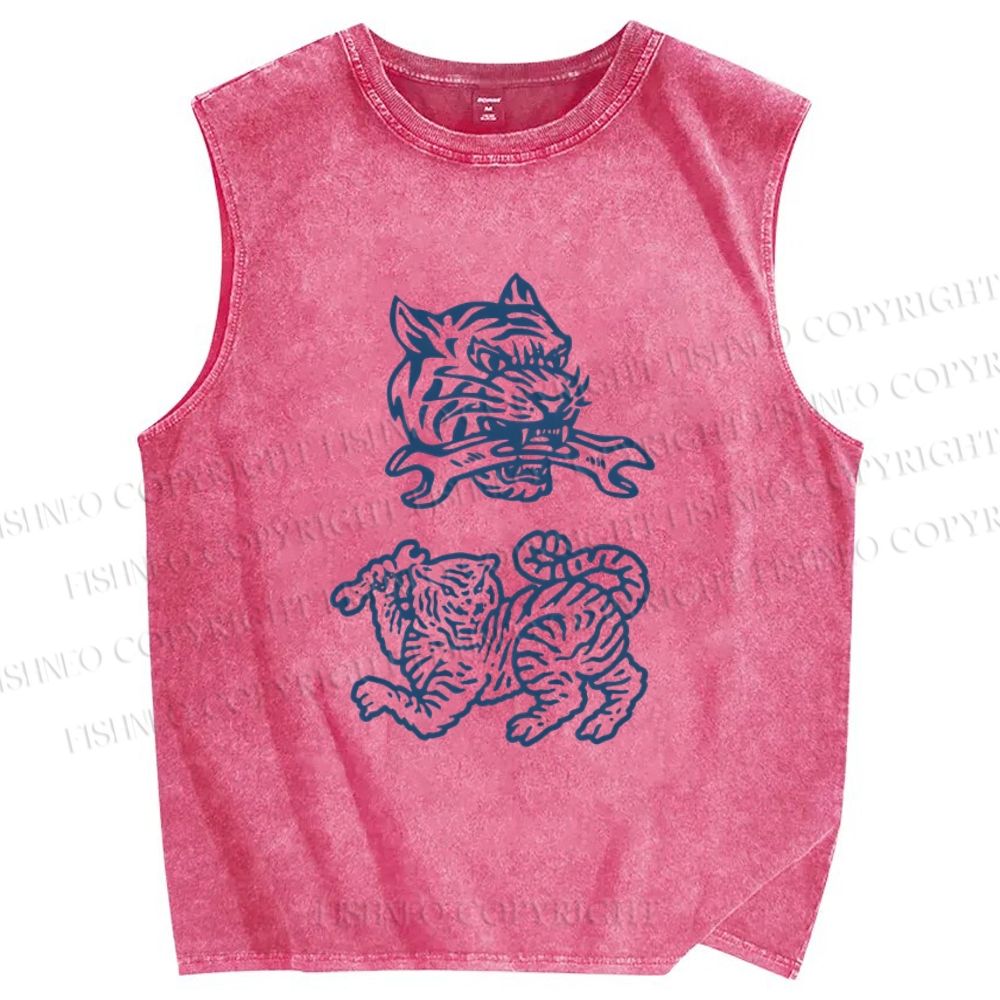 Unisex Simple Tiger Drawing Printed Washed Tank Top