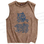 Unisex Simple Tiger Drawing Printed Washed Tank Top