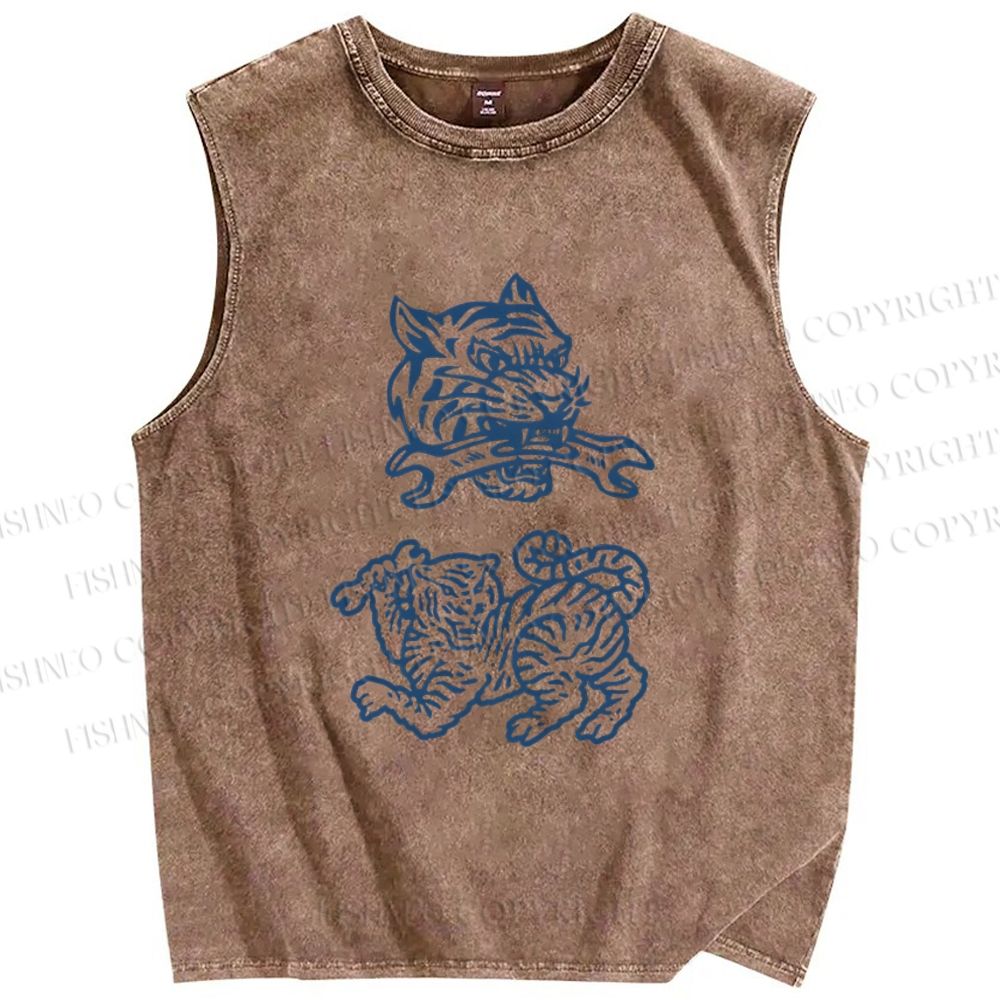 Unisex Simple Tiger Drawing Printed Washed Tank Top