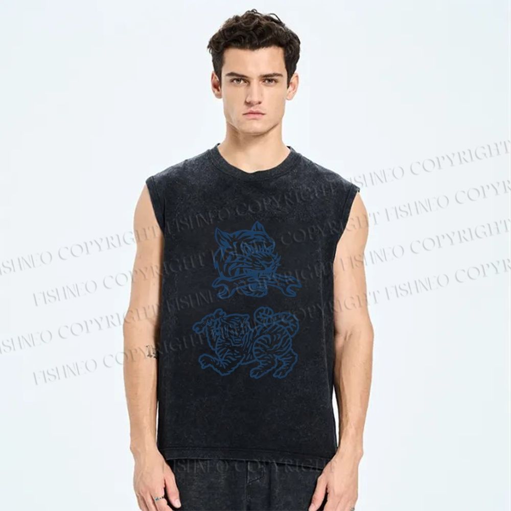 Unisex Simple Tiger Drawing Printed Washed Tank Top