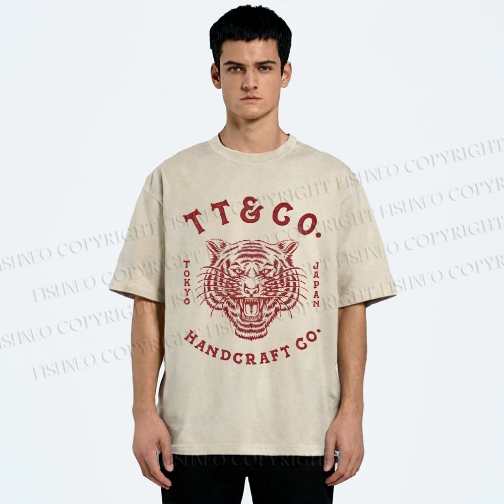 Unisex Japan Tiger Printed Washed Tee
