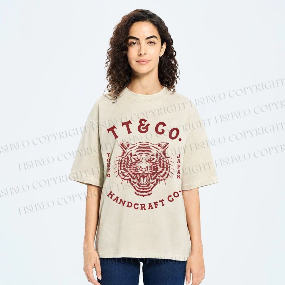 Unisex Japan Tiger Printed Washed Tee