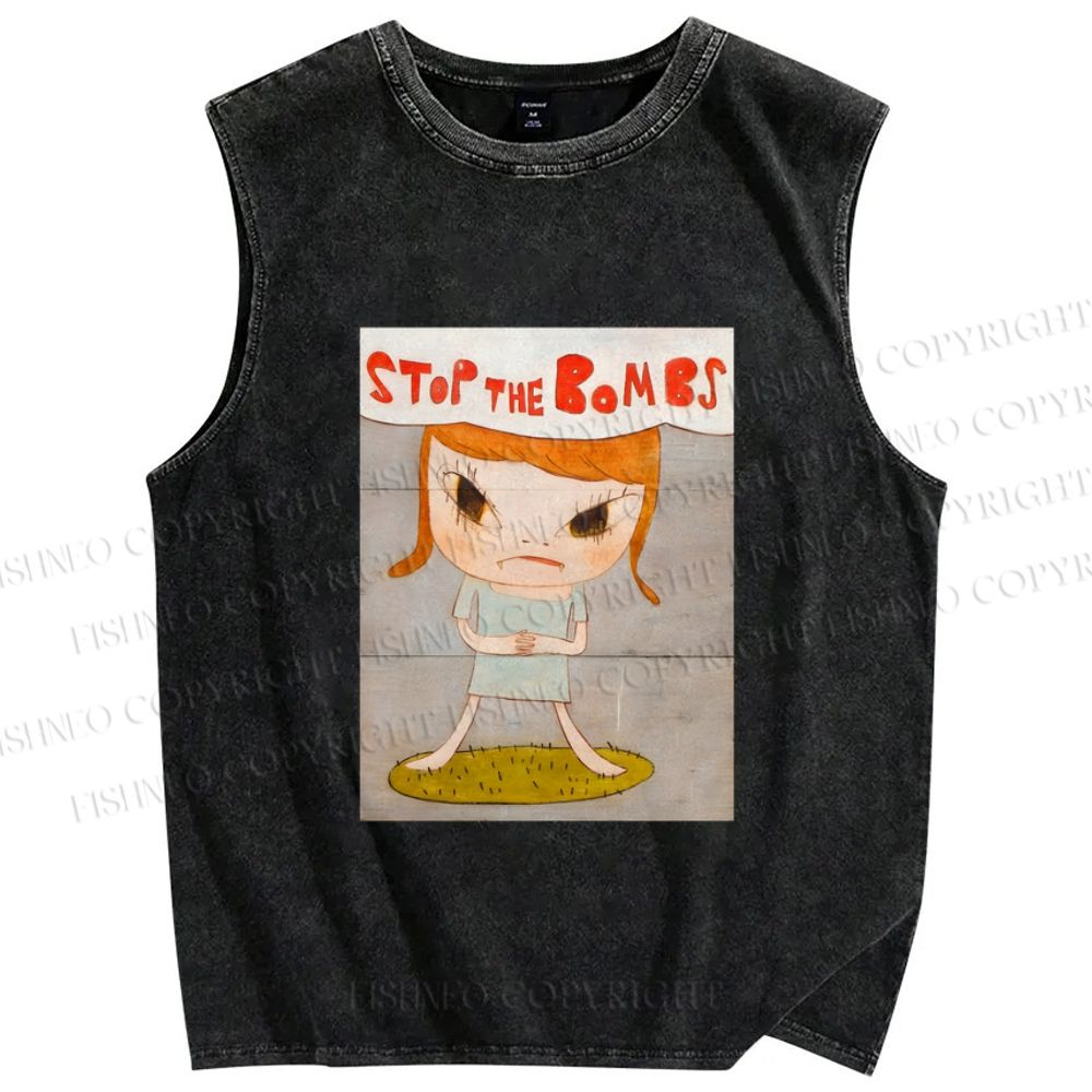 Unisex Yoshitomo Nara Stop The Bombs Printed Washed Tank Top
