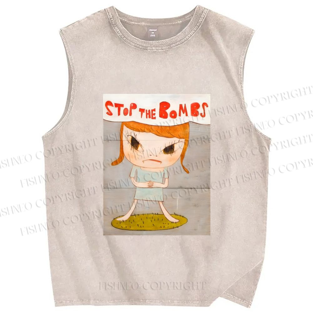 Unisex Yoshitomo Nara Stop The Bombs Printed Washed Tank Top