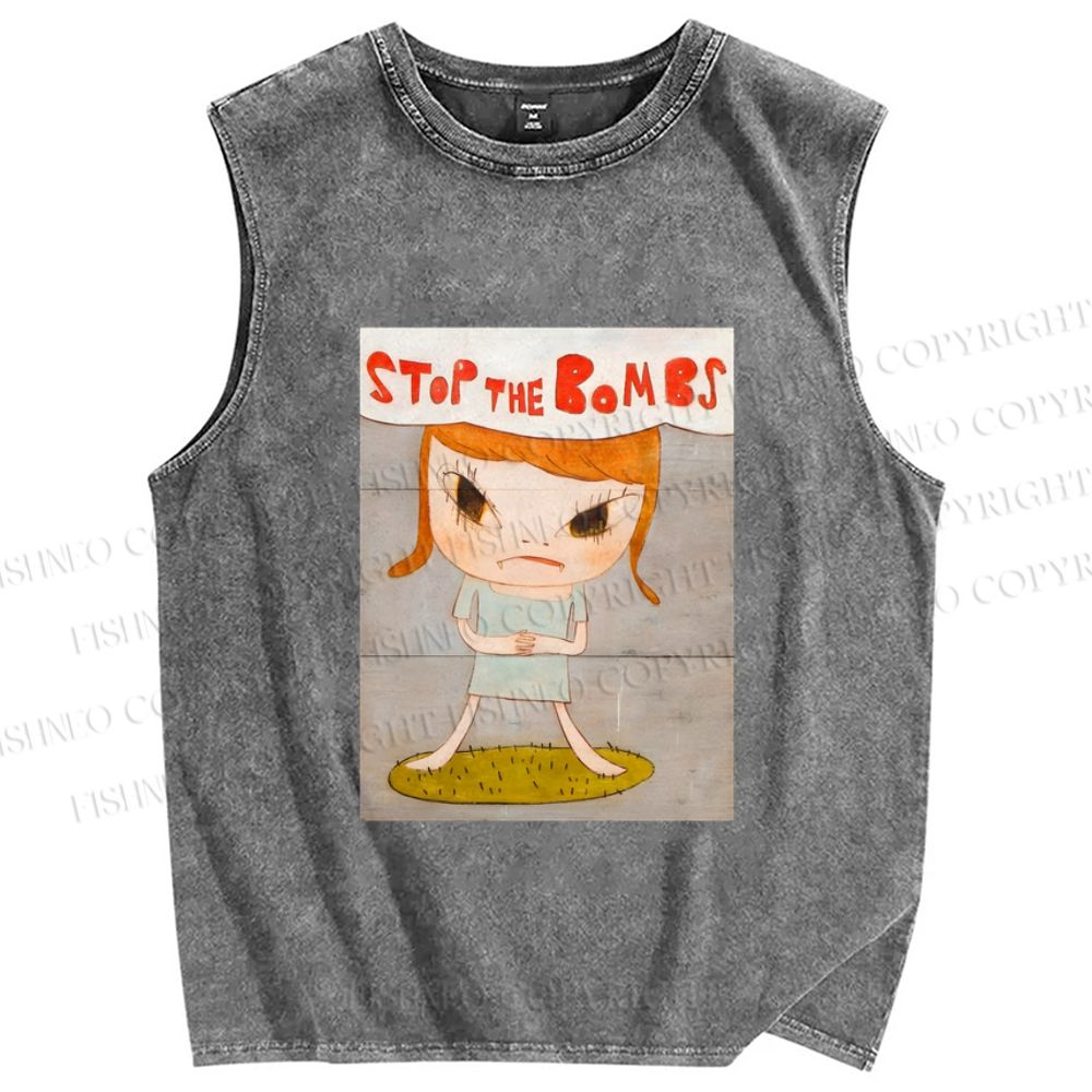 Unisex Yoshitomo Nara Stop The Bombs Printed Washed Tank Top