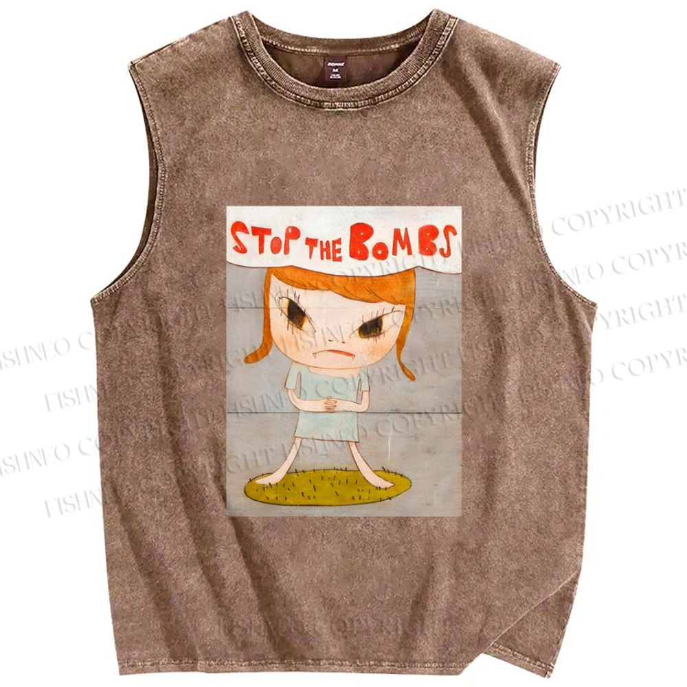 Unisex Yoshitomo Nara Stop The Bombs Printed Washed Tank Top