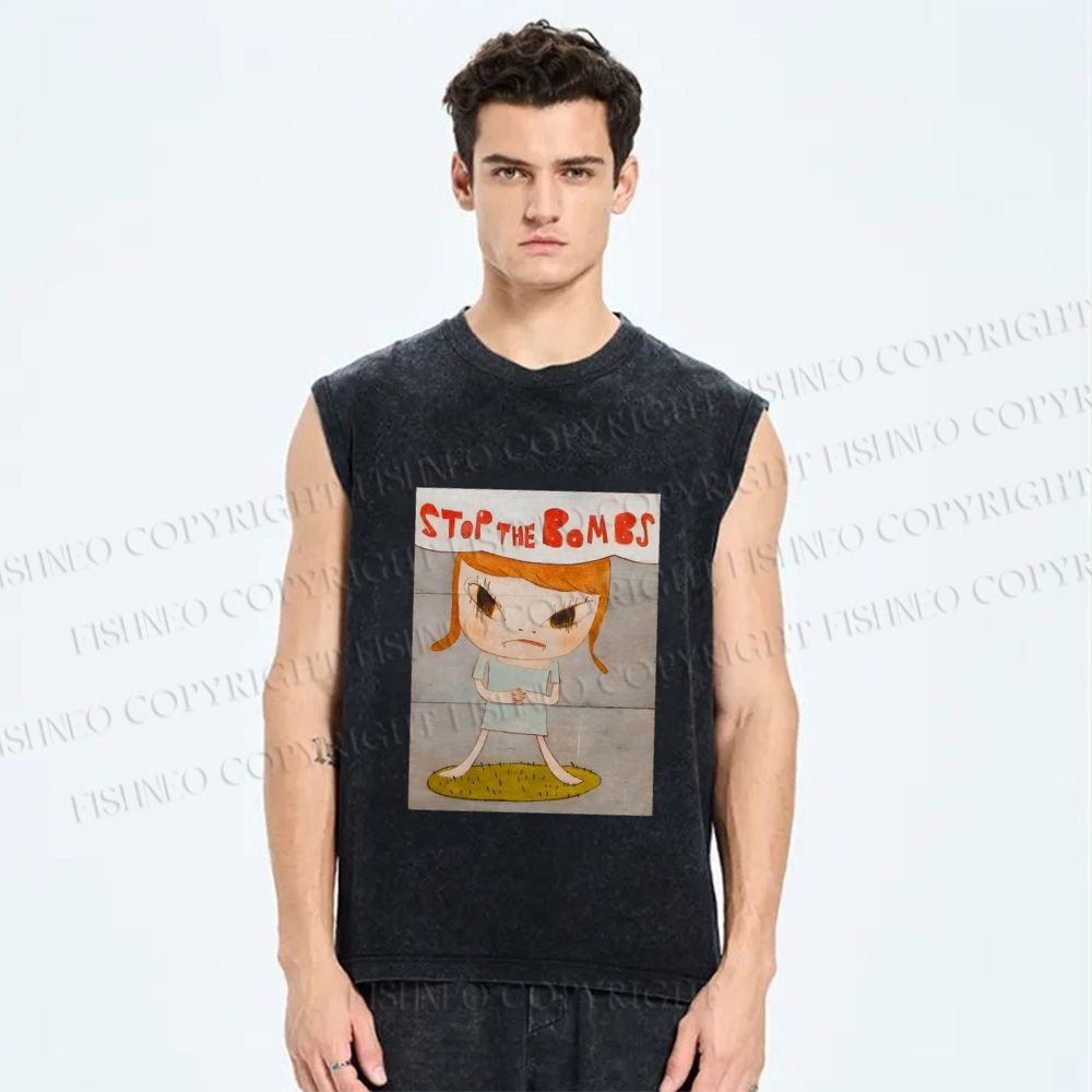 Unisex Yoshitomo Nara Stop The Bombs Printed Washed Tank Top