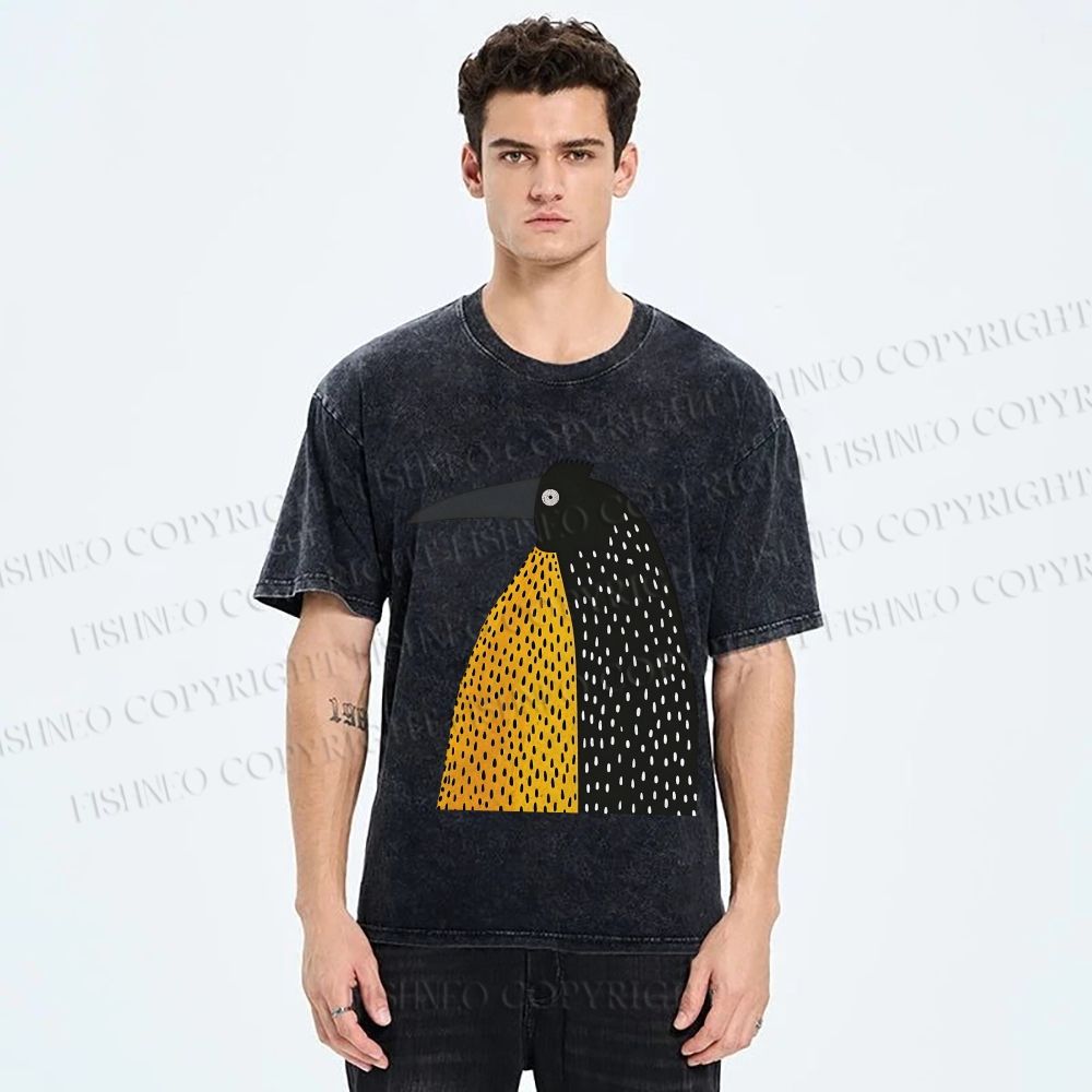 Unisex Minimal Split Dot Bird Printed Washed Tee