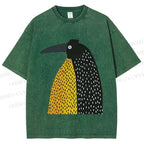 Unisex Minimal Split Dot Bird Printed Washed Tee