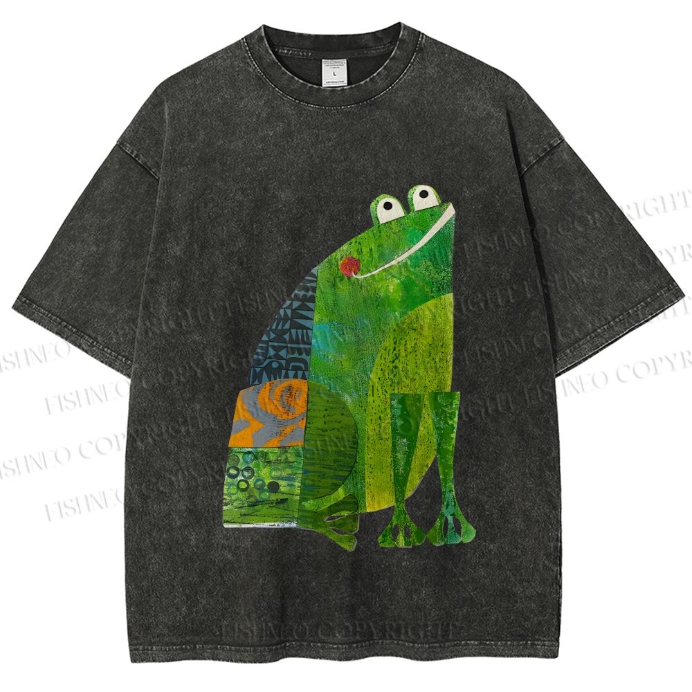 Unisex Collage Art Frog Printed Washed Tee
