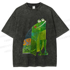 Unisex Collage Art Frog Printed Washed Tee