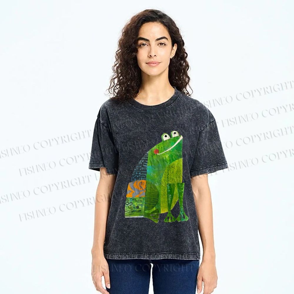 Unisex Collage Art Frog Printed Washed Tee