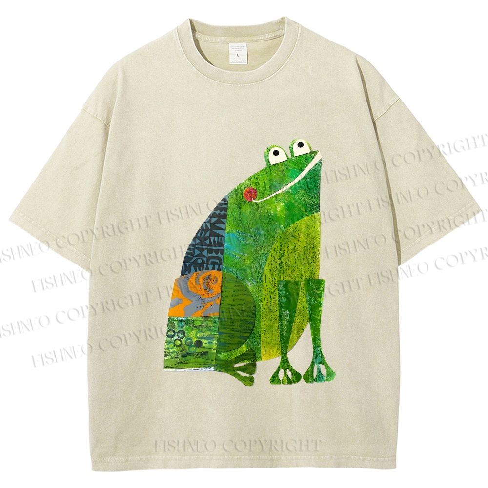 Unisex Collage Art Frog Printed Washed Tee