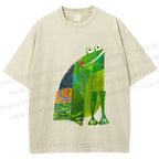 Unisex Collage Art Frog Printed Washed Tee