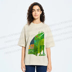 Unisex Collage Art Frog Printed Washed Tee