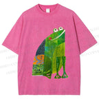 Unisex Collage Art Frog Printed Washed Tee