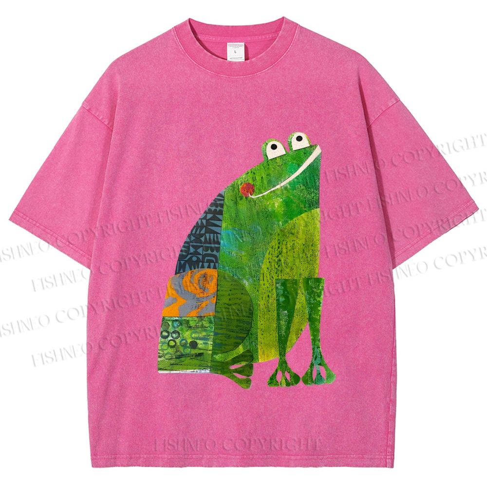 Unisex Collage Art Frog Printed Washed Tee
