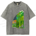 Unisex Collage Art Frog Printed Washed Tee