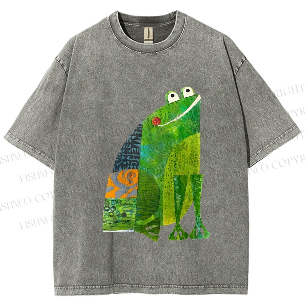 Unisex Collage Art Frog Printed Washed Tee