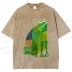 Unisex Collage Art Frog Printed Washed Tee