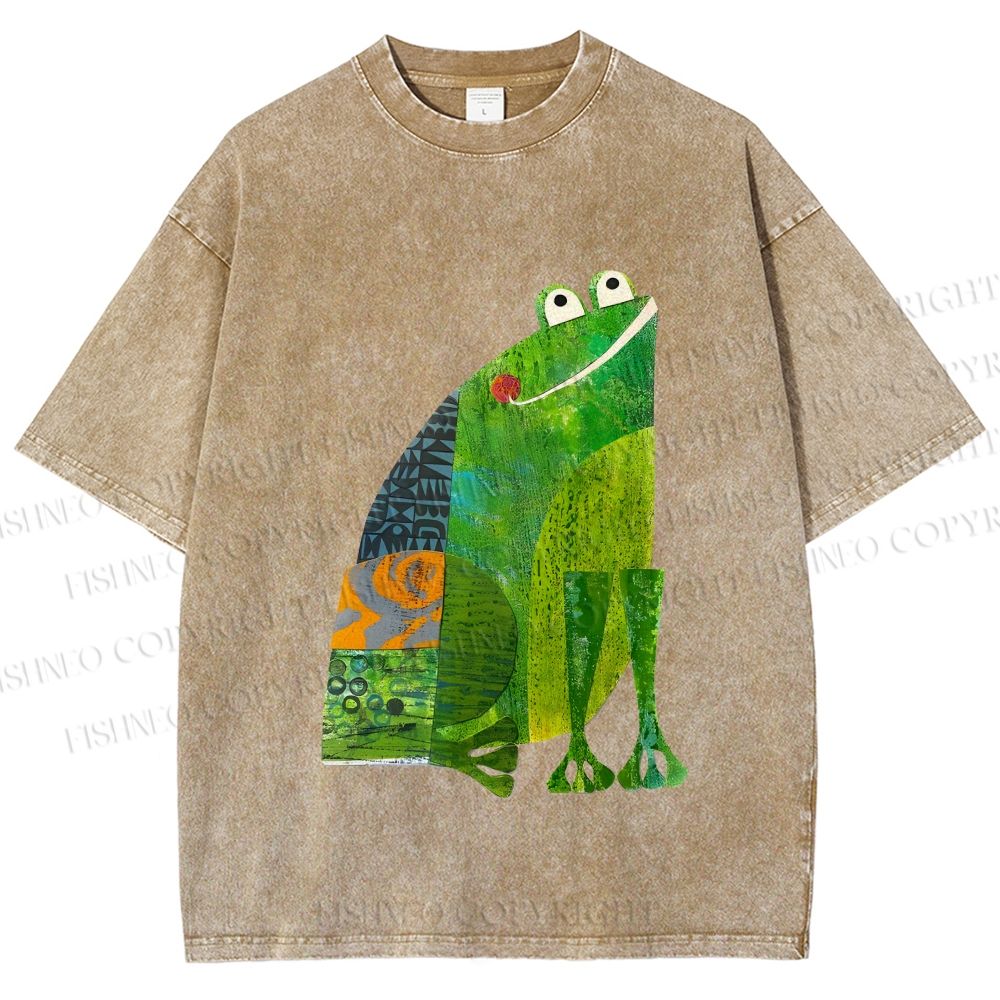 Unisex Collage Art Frog Printed Washed Tee