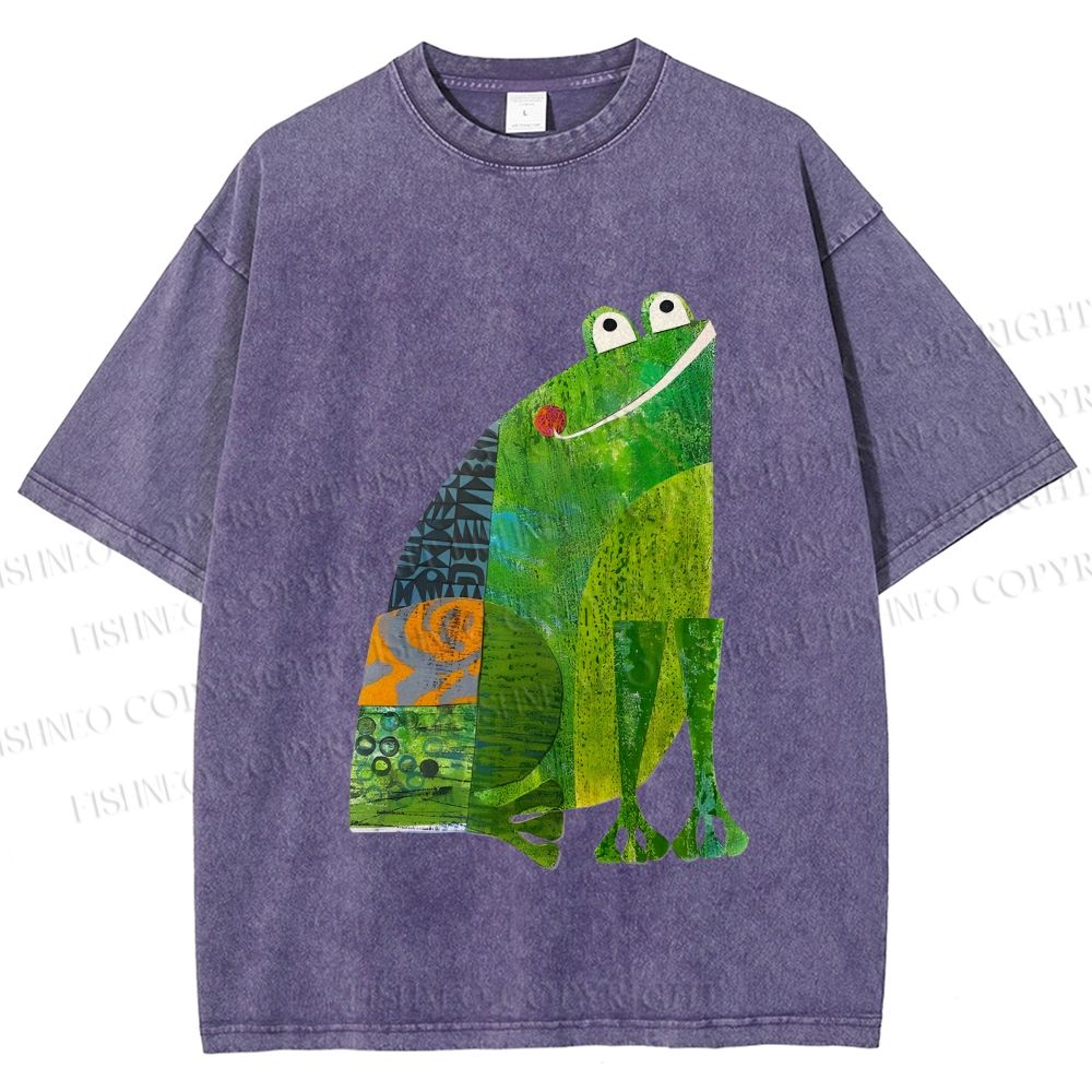 Unisex Collage Art Frog Printed Washed Tee