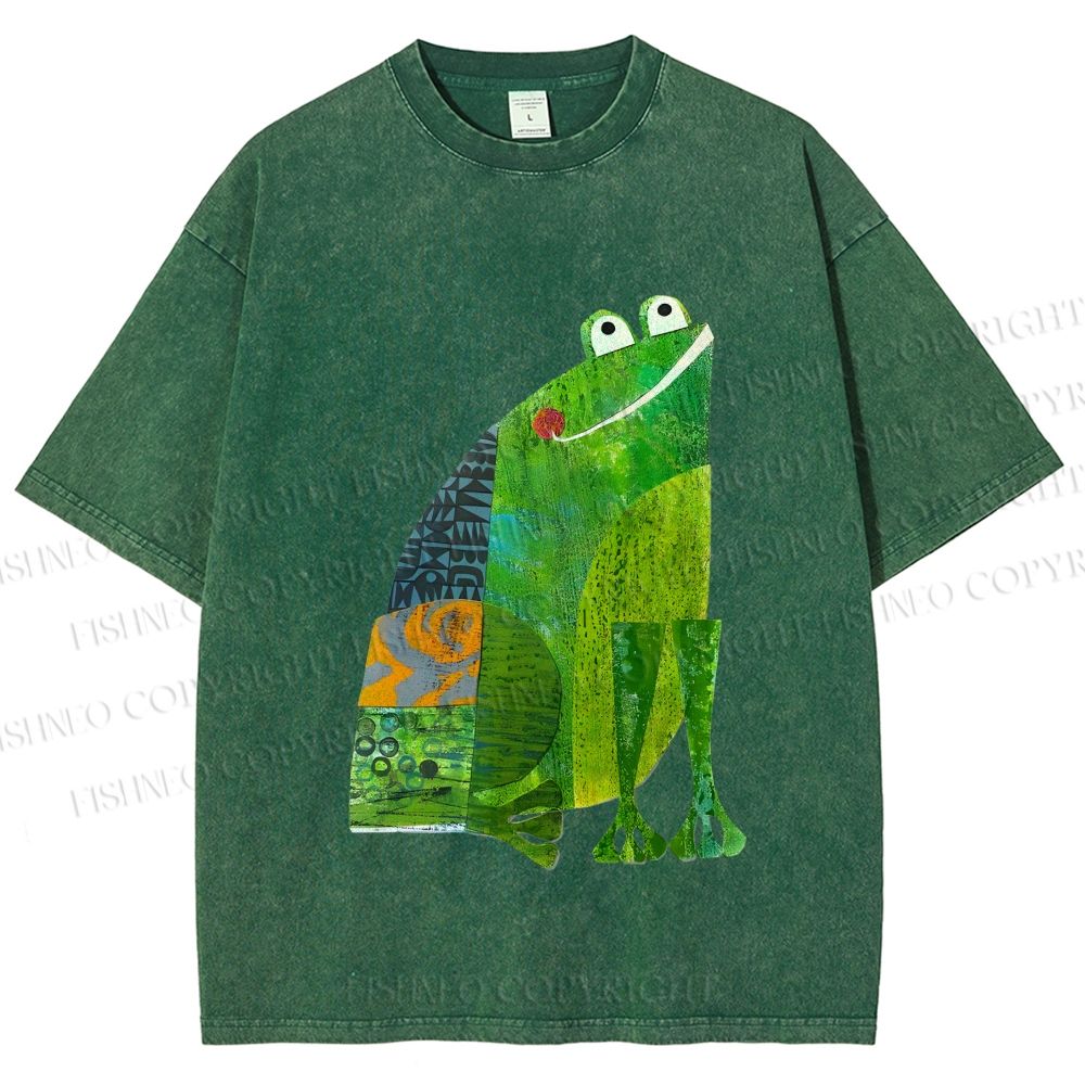 Unisex Collage Art Frog Printed Washed Tee