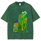 Unisex Collage Art Frog Printed Washed Tee
