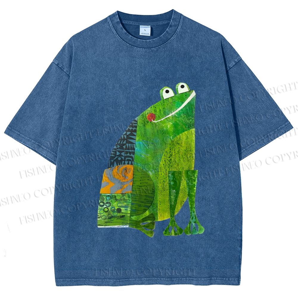 Unisex Collage Art Frog Printed Washed Tee