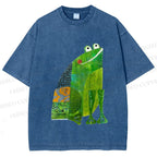 Unisex Collage Art Frog Printed Washed Tee