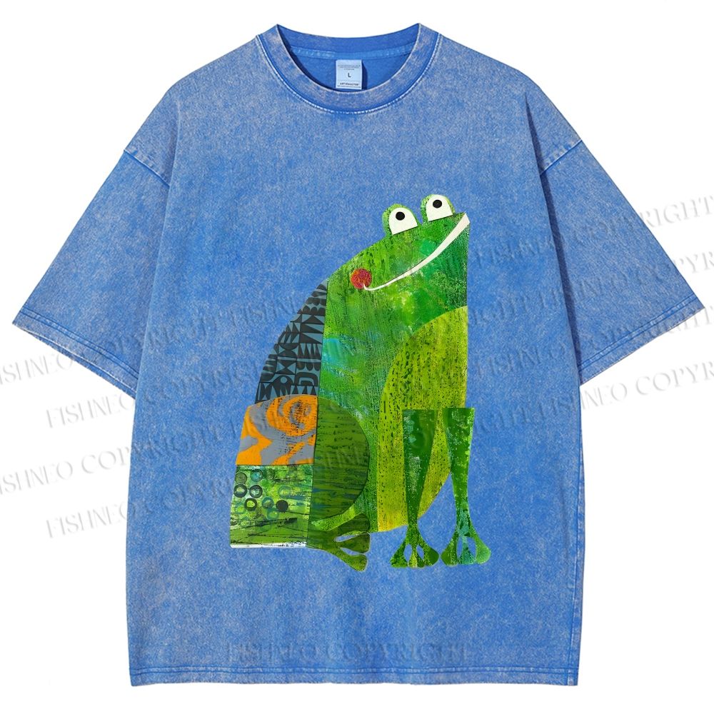 Unisex Collage Art Frog Printed Washed Tee
