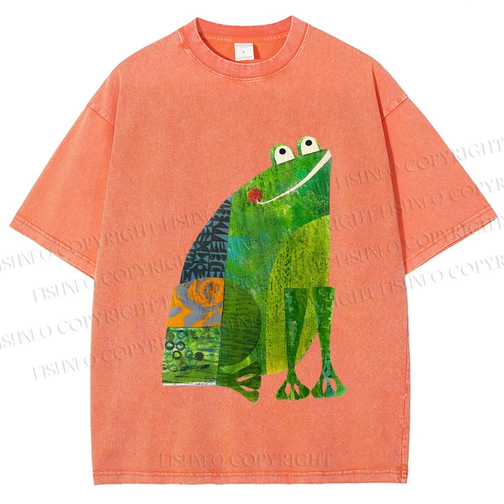 Unisex Collage Art Frog Printed Washed Tee