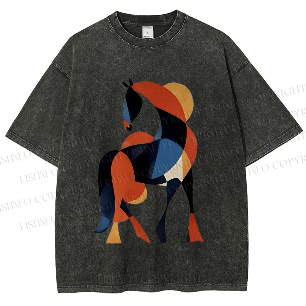 Unisex Geometric Color-Block Horse Printed Washed Tee