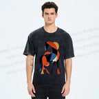 Unisex Geometric Color-Block Horse Printed Washed Tee