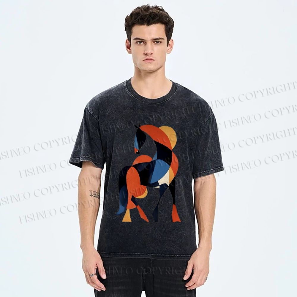 Unisex Geometric Color-Block Horse Printed Washed Tee