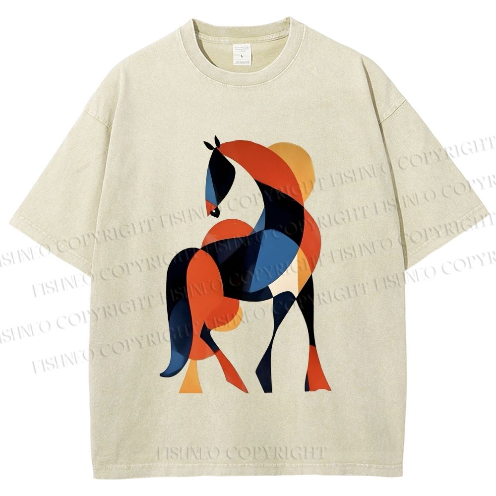 Unisex Geometric Color-Block Horse Printed Washed Tee