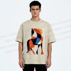 Unisex Geometric Color-Block Horse Printed Washed Tee