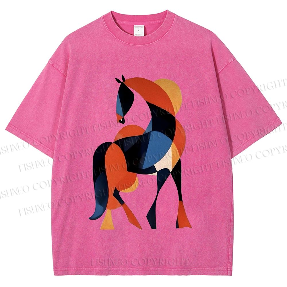 Unisex Geometric Color-Block Horse Printed Washed Tee