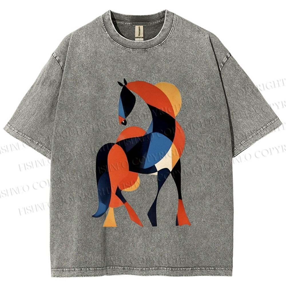 Unisex Geometric Color-Block Horse Printed Washed Tee