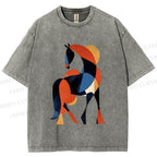 Unisex Geometric Color-Block Horse Printed Washed Tee