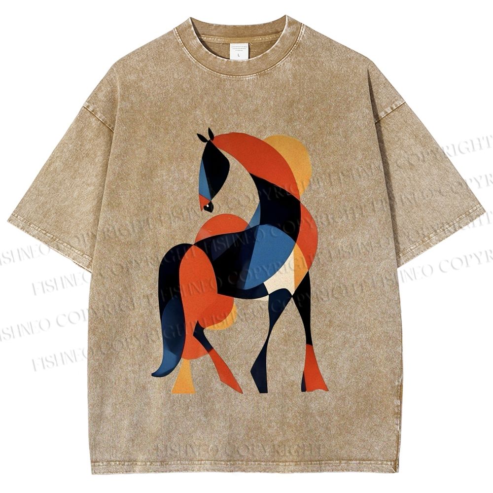 Unisex Geometric Color-Block Horse Printed Washed Tee