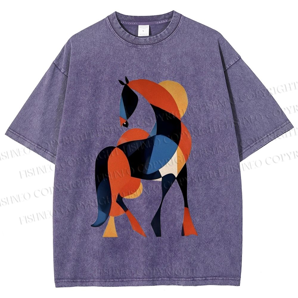 Unisex Geometric Color-Block Horse Printed Washed Tee