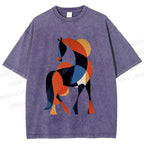 Unisex Geometric Color-Block Horse Printed Washed Tee