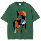 Unisex Geometric Color-Block Horse Printed Washed Tee