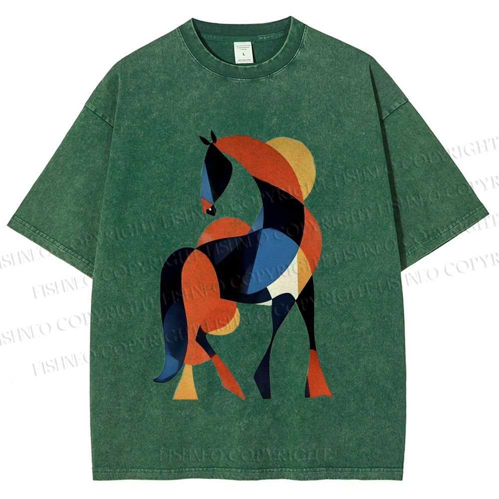 Unisex Geometric Color-Block Horse Printed Washed Tee