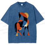 Unisex Geometric Color-Block Horse Printed Washed Tee