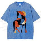 Unisex Geometric Color-Block Horse Printed Washed Tee